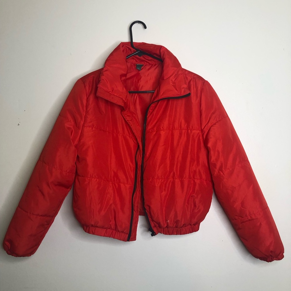 Red puffer jacket